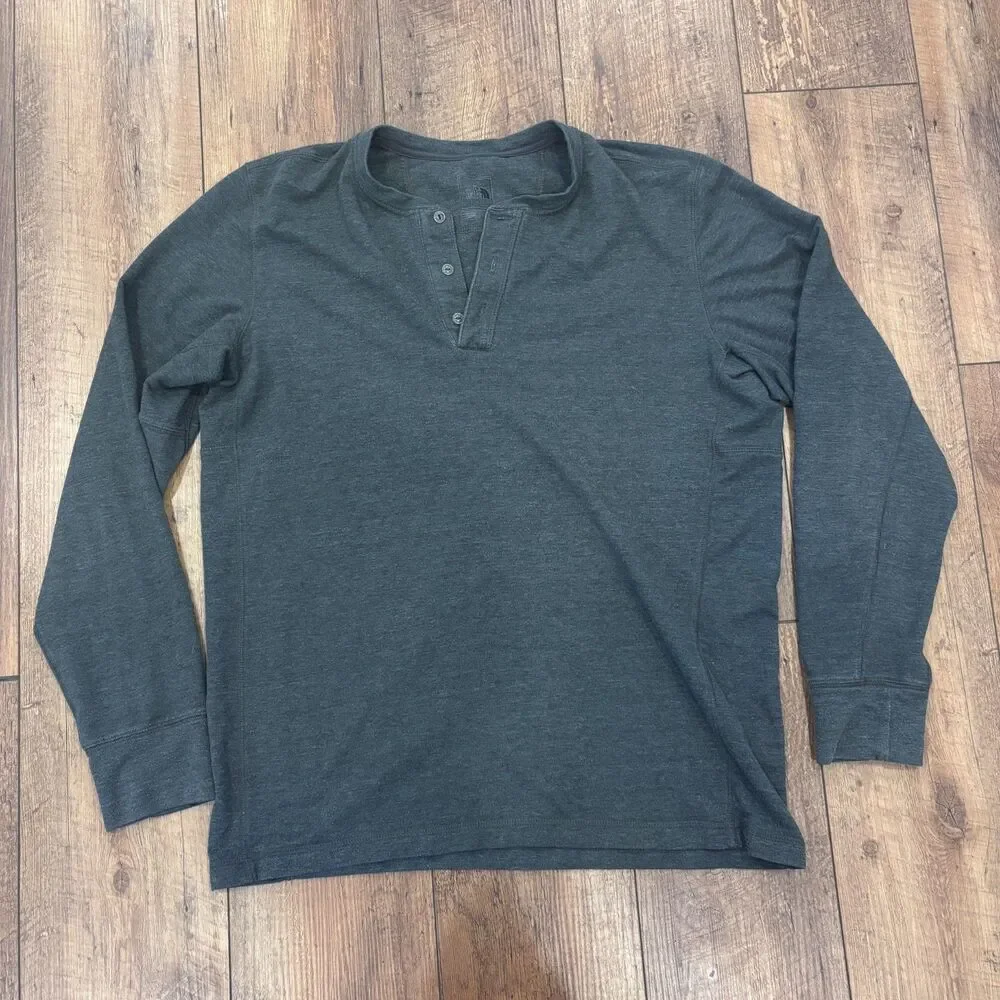 The North Face Terry Long Sleeve Henley Shirt Dark Gray Pullover Mens Sz L Large